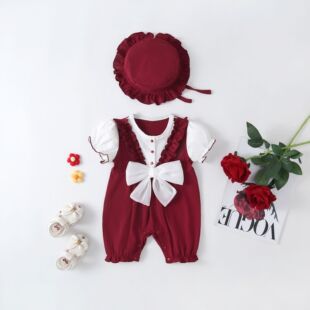 Baby spring and summer clothes newborn baby girl jumpsuit one month old one hundred days Princess outing romper fleece-lined romper