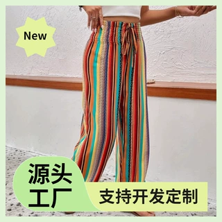 欧美2026新款亚马逊速卖通波西米亚宽松休闲多色条纹女士休闲裤