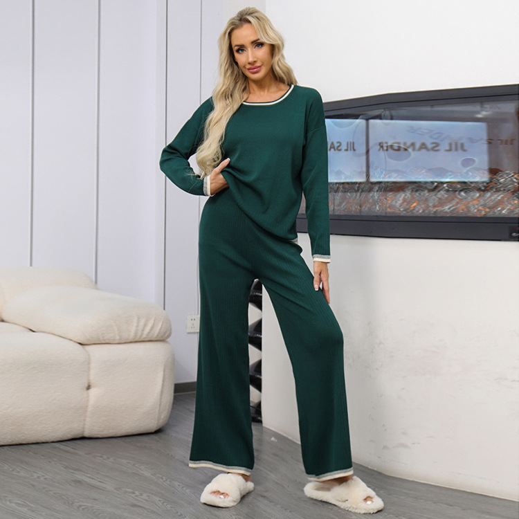 Damen Strick Anzug Zweiteiler Mit Kontrastfarbe Und Weiter Hose_voghion.com