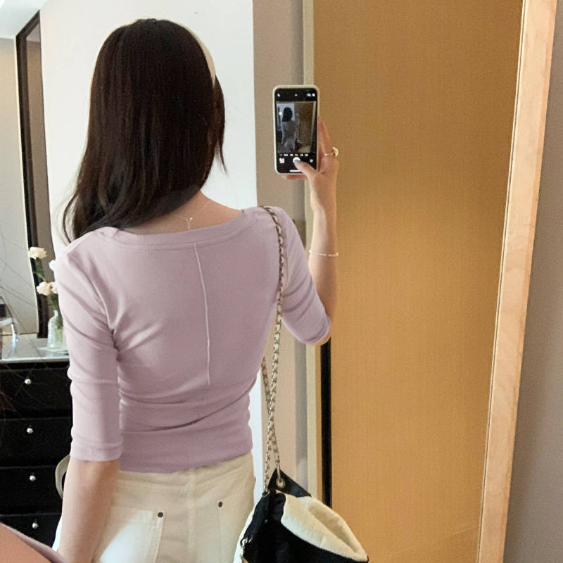 莱赛尔天丝夏日通勤漂亮黑色U领中袖T恤女2025新款独特绝美小上衣|undefined