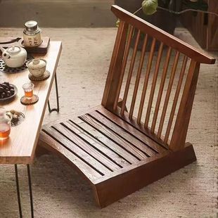 Retro Single Chair with Backrest, Old Elm Sofa Chair, Balcony Zen Leisure Chair, Guesthouse Hotel Sofa Low Stool