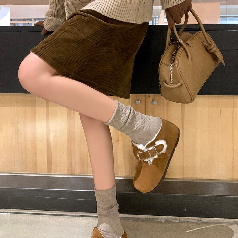 Dép lông Birkenstock da thật nữ đế dày, mũi kín lông cừu, có khóa thắt lưng, tăng chiều cao bên trong — cà phê nâu