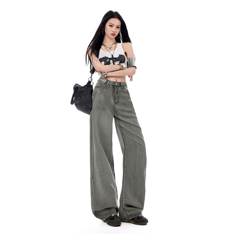 100% Tencel Lyocell Genuine Ykk Denim Wide-Leg Women's Olive Green Drapey Thin Summer Loose Ice Silk Pants 100% Tencel Lyocell Genuine Ykk Denim Wide-Leg Women's Olive Green Drapey Thin Summer Loose Ice Silk Pants