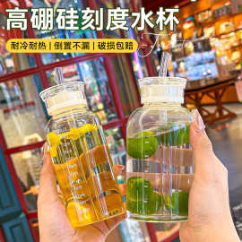 批发便携式高硼硅时间刻度玻璃杯高颜值随行ins风带盖吸管礼品杯