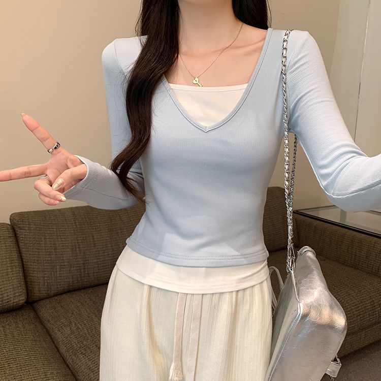 假两件V领长袖春秋新款拼接修身撞色设计感显瘦ins内搭打底上衣女|undefined