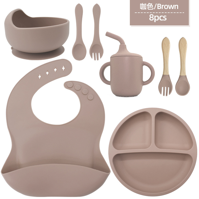 Juego de vajilla de silicona para niños, tazón de alimentos suplementarios, cuchara de silicona para bebé, tazón de silicona, vajilla de silicona, juego de ocho piezas de grado alimenticio