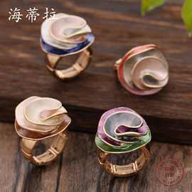 跨境热销彩色画油几何玫瑰花弹力戒指 时尚高级感女士百搭戒指