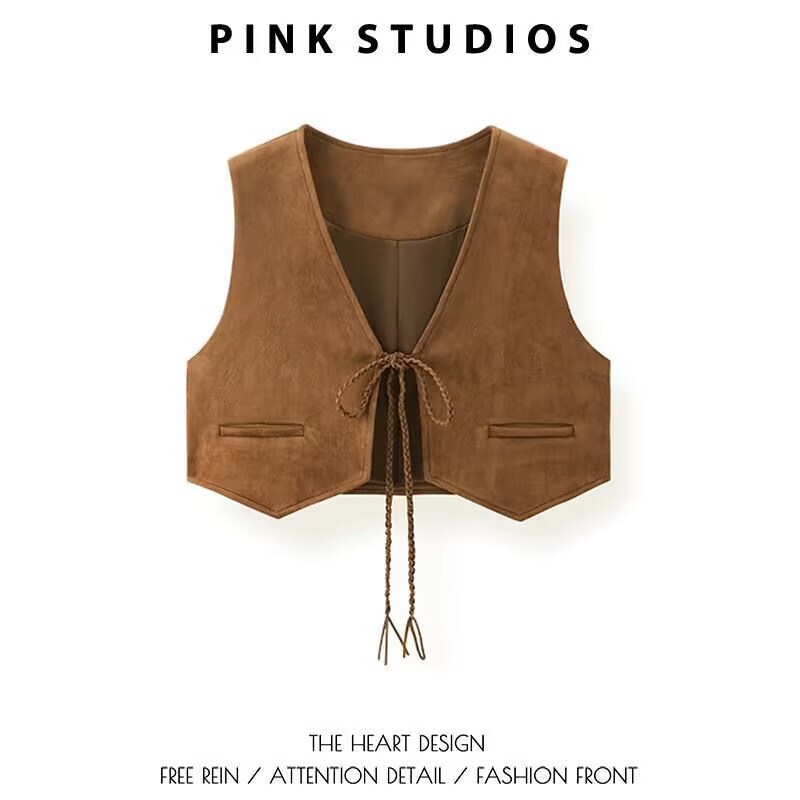 [in stock] Stacked Suede Cardigan Vest Lace V-Neck Vest Women's Autumn and Winter Maillard Style Outer Short