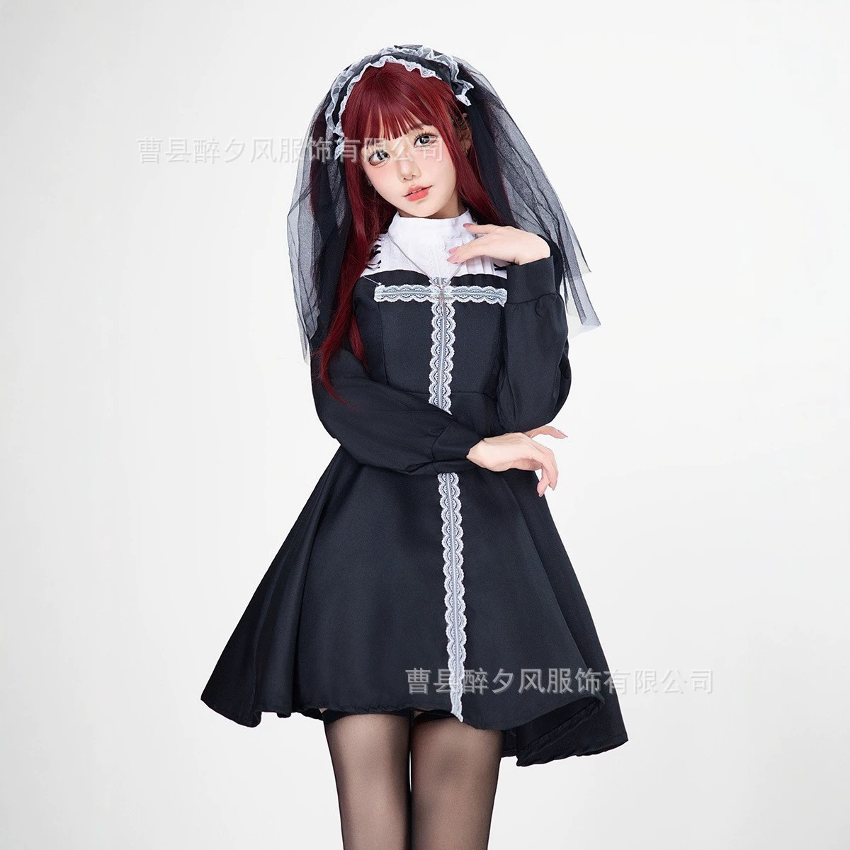 Halloween costume gothic ghost bride outfit dark style cross nun witch costume vampire performance outfit
