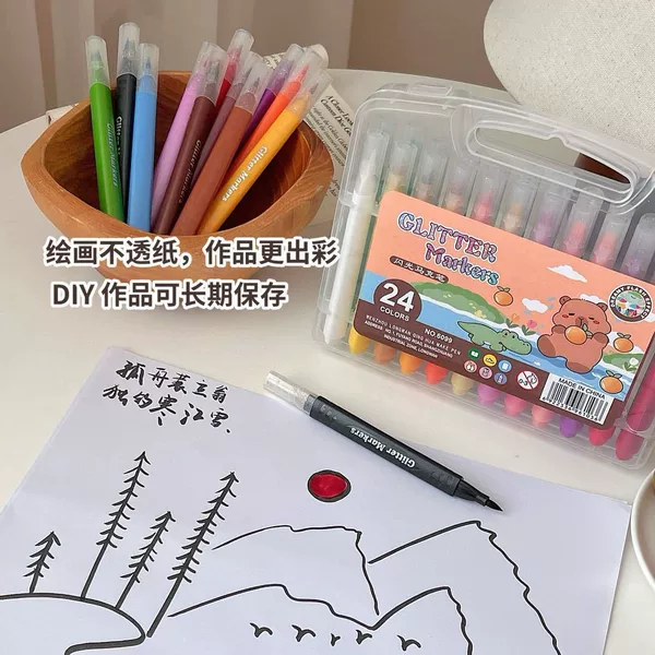 Cross-Border Hot-Selling Flash Marker Cartoon Kidsren's DIY Brush Single-Head Triangular Pole Marker Pen 48 Colors Large Capacity