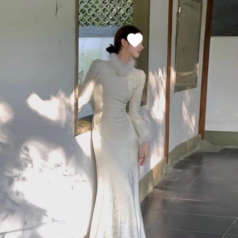 Slim Fit Hip-Hugging Fishtail Fur Collar Cheongsam Long-Sleeved Dress for Women 2025 New Autumn and Winter High-End Niche Long Skirt