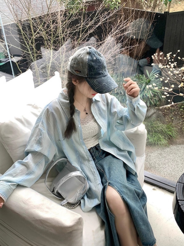 ブルーレースステッチ日焼け止めシャツジャケット女性の夏の小さなシャツカーディガンルーズ長袖トップ|undefined