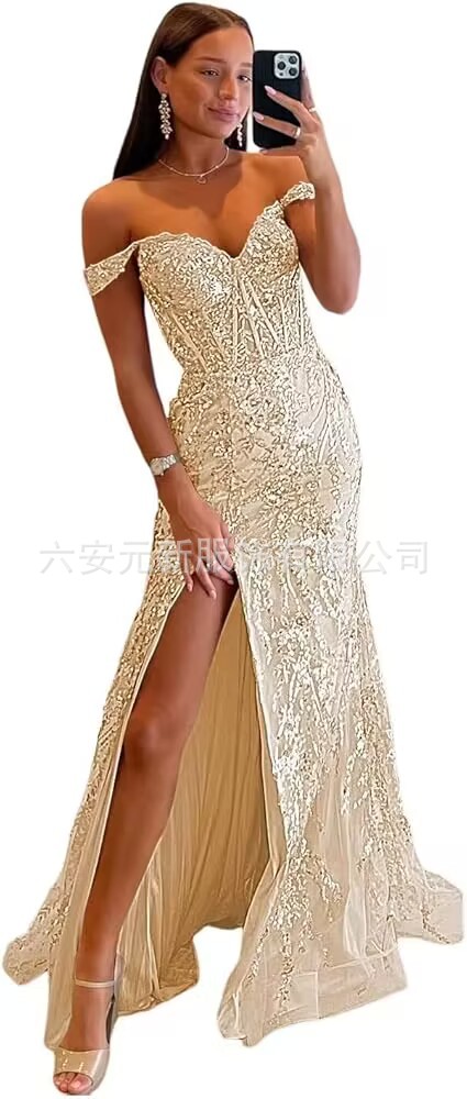 Comercio exterior europeo y americano Amazon hombro abierto vestido de baile largo de diafragma de encaje decal de mujer vestido de noche de cola de pescado