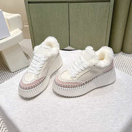赵露思同款松糕厚底小个子增高手工缝制休闲小白鞋加绒保暖高帮鞋