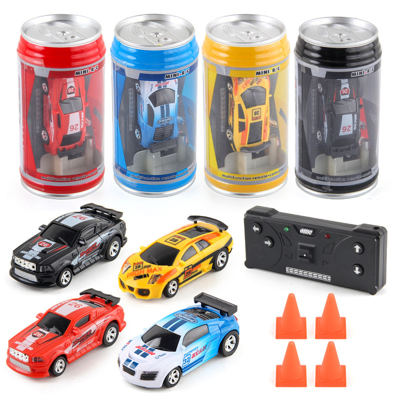 Mini children's canned remote control car pop can remote control car four-way wireless racing car with roadblock Coke can car
