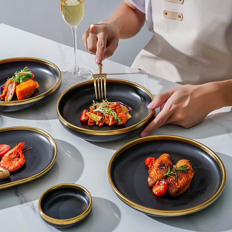Nórdico borde dorado vajilla tazón plato palillos traje hogar mate negro ensalada plato de pescado Internet celebridad ins estilo vajilla