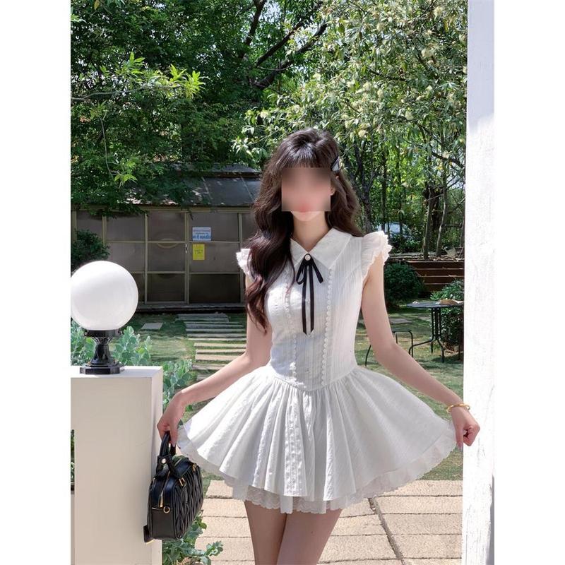 青春甜美少女感小白裙袖连衣裙小个子初恋感结蓬蓬短裙女|undefined