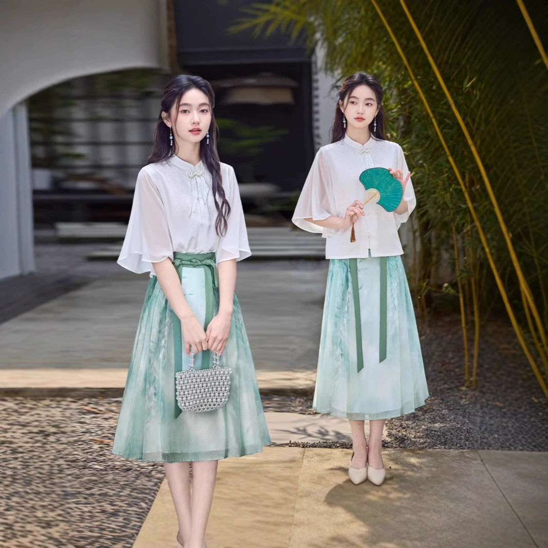 Ханфу для миниатюрных женщин с сказочной элегантностью, улучшенный новый топ в китайском стиле с тонкими бретелями и юбка мамиан с элементами Хань для повседневной носки.