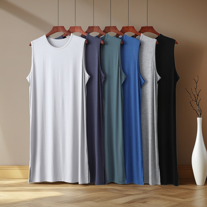 Men's Modal Nightgown Nightgown Bathrobe Thin Pajamas Sleeveless Morning Robe Robe Summer Loose Men's Home Clothes