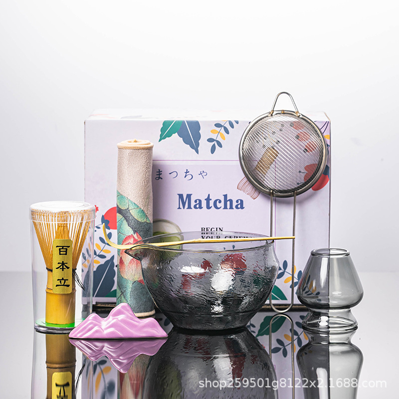 跨境专供日式新款玻璃抹茶碗套装点茶工具茶筅立玻璃碗组盒套装|undefined