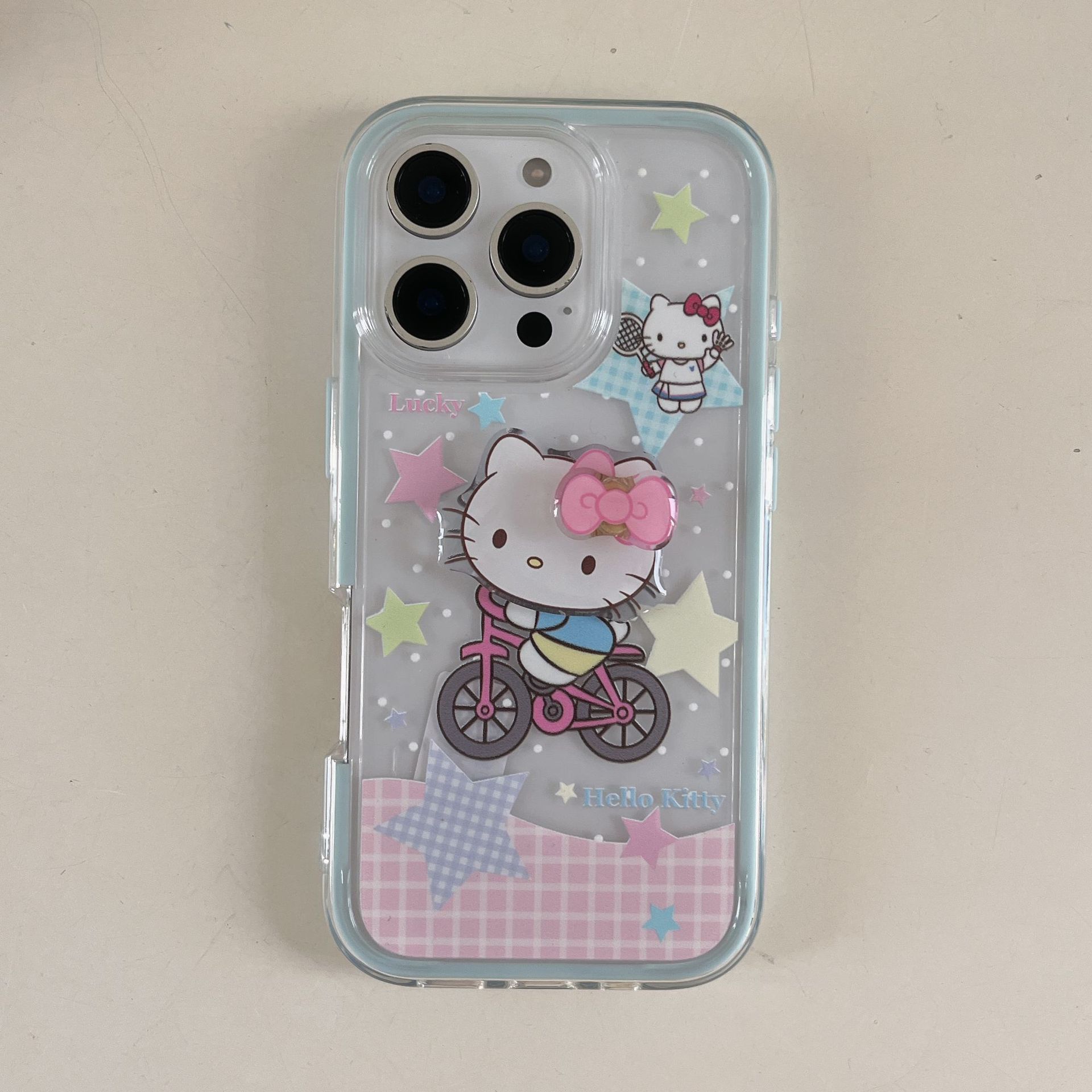 Lindo paseo en bicicleta de dibujos animados KT gato para Apple 15/16 funda para teléfono móvil 14ProMax dos en uno 16Pro femenino 16PM