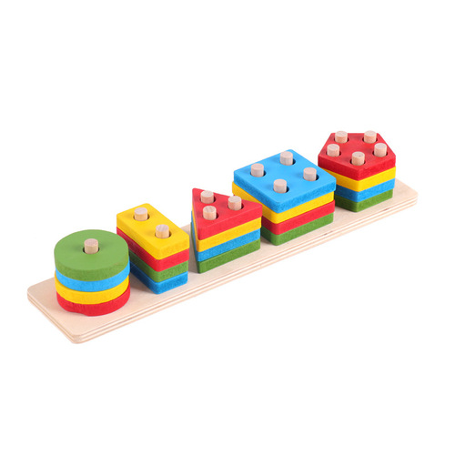 Cross-border wooden building blocks four sets of columns geometric set of columns children's Montessori early education shape matching color cognitive toys