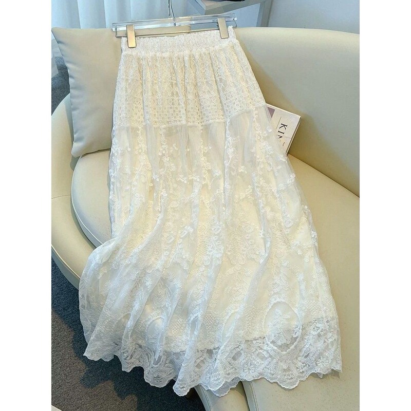 Plus Size Women's 150kg Designer A-Line Skirt, Elegant Mesh Mid-Length Skirt, French Lace White Half-Skirt for Women Plus Size Women's 150kg Designer A-Line Skirt, Elegant Mesh Mid-Length Skirt, French Lace White Half-Skirt for Women
