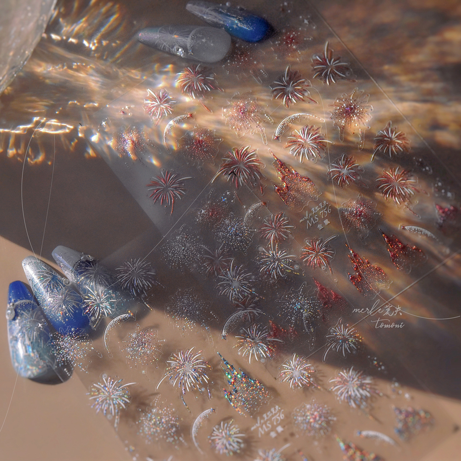 Año Nuevo espléndido fuegos artificiales en relieve pegamento de espalda decoración de uñas Fuegos artificiales de Año Nuevo castillo conchas de luz pegatinas de uñas