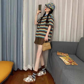 夏季新款美式复古运动服套装女条纹时尚学生宽松短袖短裤两件套