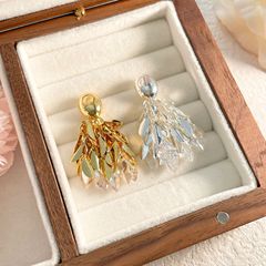 新款叶子流苏耳钉高级感铜镀18K真金镶锆石体闲风韩版耳环耳饰品