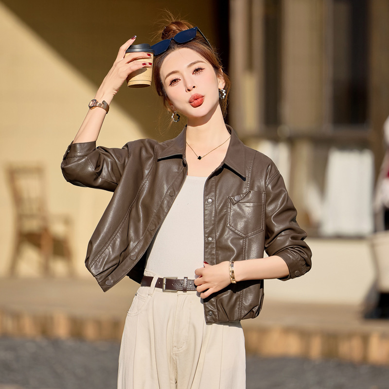 真皮皮衣短款专柜春秋小个子女士外套绵羊皮上衣宽松休闲女装代发