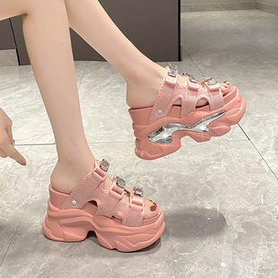 Wedge Slippers Women's Round Head Casual New Thick Bottom Sponge Rhinestone Sandals Summer Fashion One-word Sandals High Heel