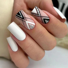 Matte texture oval medium-long nail art with symmetrical geometric stripes and glitters, suitable for Western and foreign trade wear-on nails