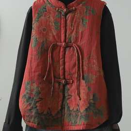 中国风复古棉麻印花夹棉马甲女冬季唐装盘扣立领坎肩加棉保暖上衣