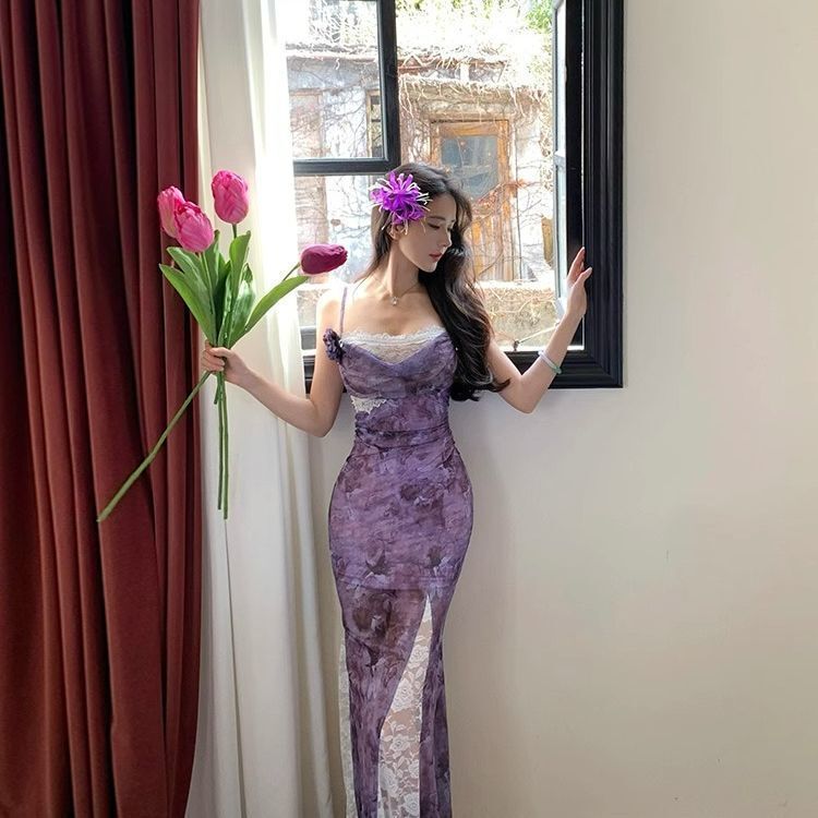 Beautiful Purple Suspender Dress for Women 2025 Summer Sexy Waist-Covering Hip Lace Sexy Style Long Skirt