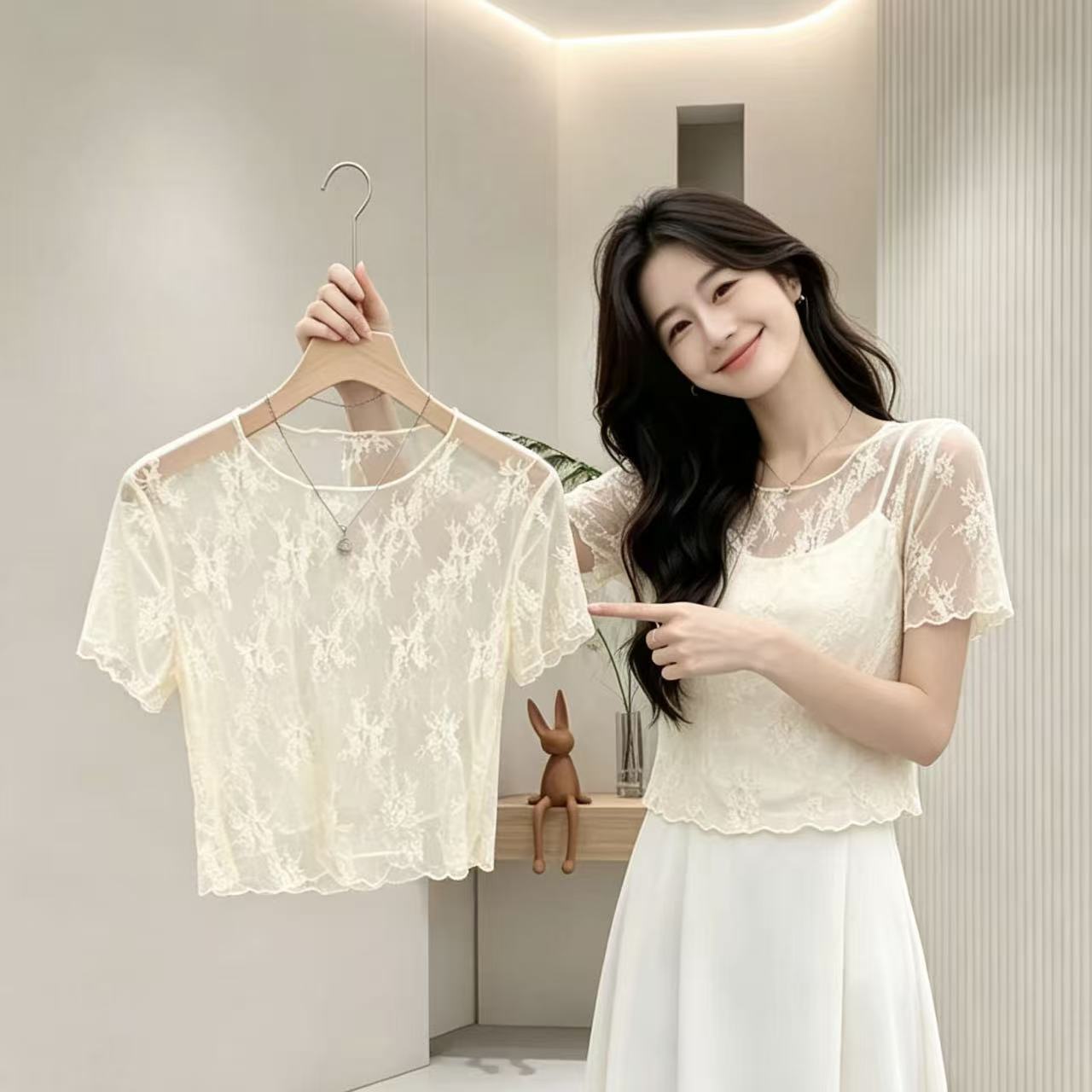 Gentle Apricot Short Sunscreen Lace Cover-up for Women, Summer Lightweight Sheer Mesh Short-Sleeved Camisole Dress Innerwear