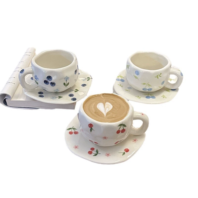 Ceramic Coffee Cup Set INS, Hand-Painted Underglaze, 300 ml Cup & 16 cm Saucer