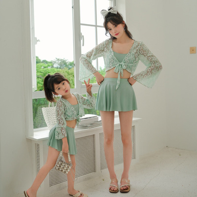 2023 new pattern Parenting Swimming suit Sweet Lace Long sleeve conservative Skirt Fission Four piece suit Mother and daughter Swimwear On behalf of