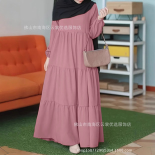 Women's Long Sleeve a Line Plain Maxi Dress Robe Muslim Dress Without Hijab
