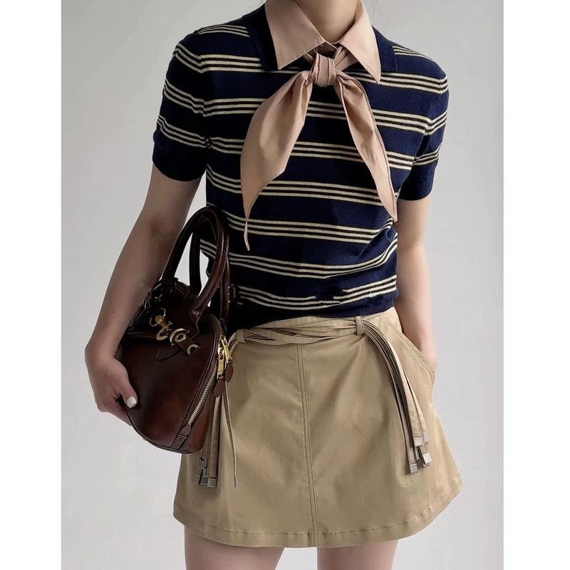 Very Miu Retro Old Money Ultra-Fine Mercerized Wool Yarn ~ Can Be Worn in Early Autum ~ Stripesd Polo Short-Sleeved t