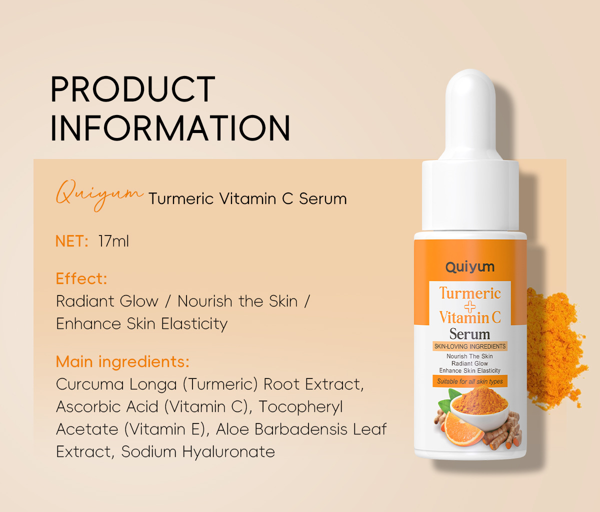 quiyum cross-border new Product Turmeric Vitamin c Essence 17ml for hydrating, moisturizing and nourishing, in stock from the manufacturer undefined