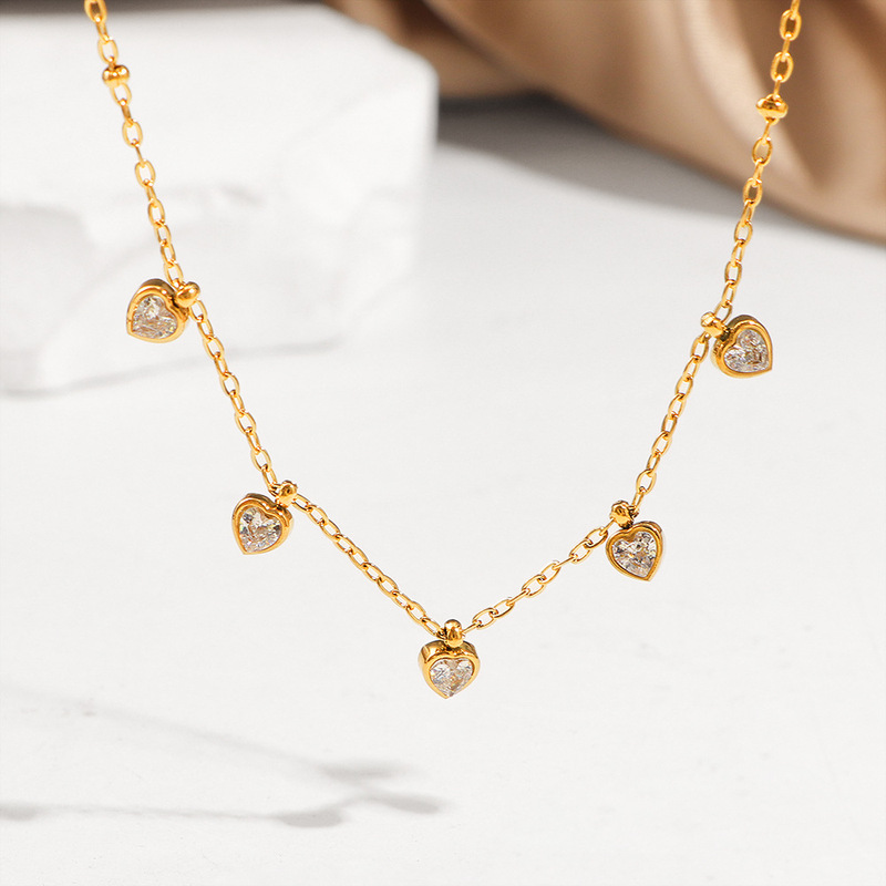 European and American Ins-Style Five-Heart-Shaped Diamond-Encrusted Bracelet, Titanium Steel 18K Gold Necklace, Cross-Border Fashion, Versatile, Non-Fading, Niche