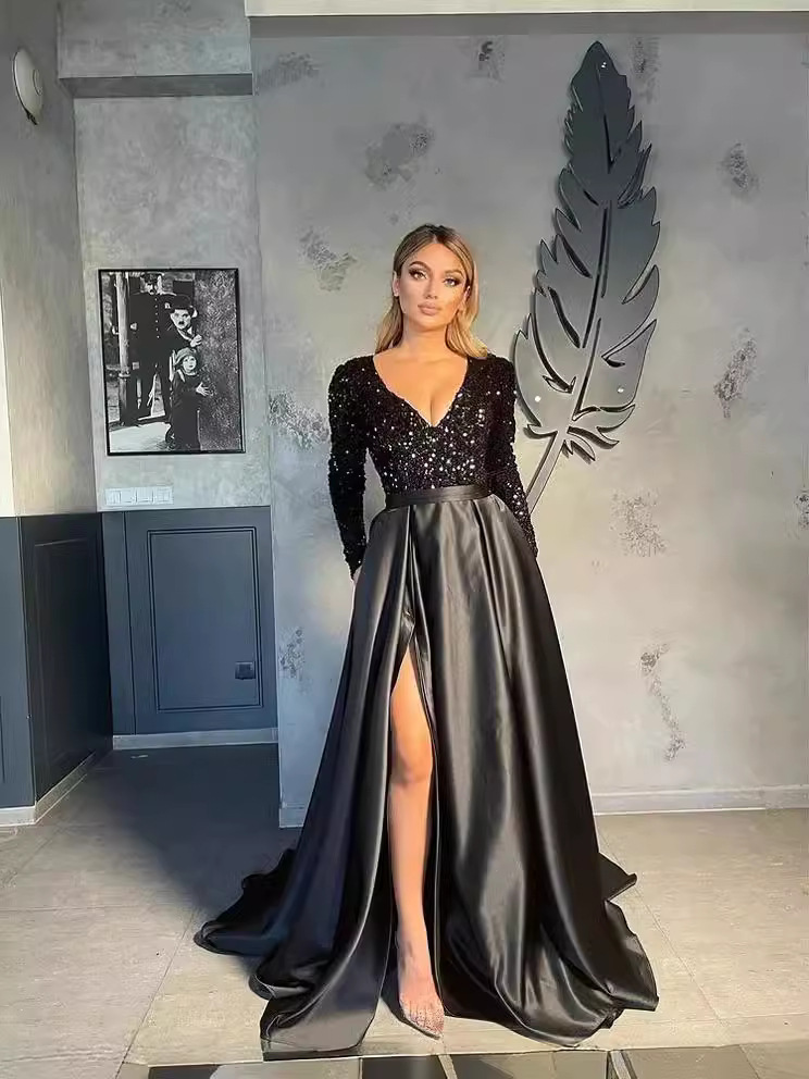 Europeu e americano transfronteiriço novo Amazon de um ombro manga comprida lantejoulas com decote em V grande fenda de lantejoulas saia longa vestido de noite