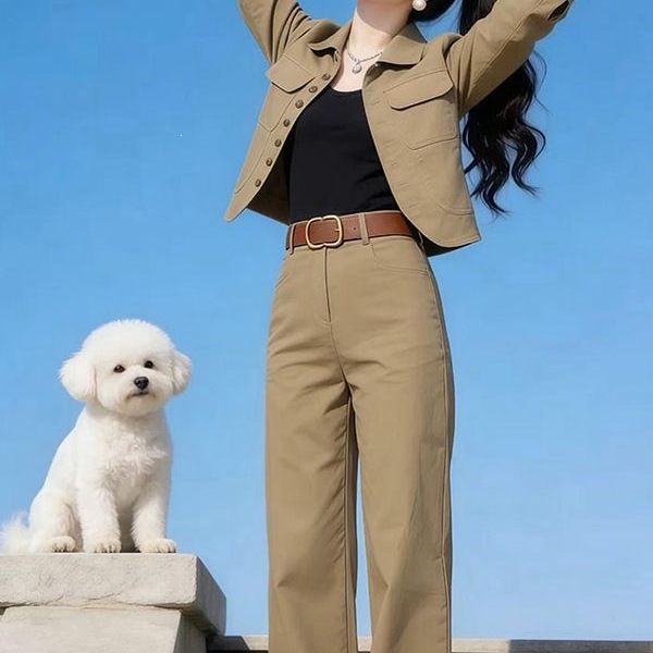 2026 Spring New Versatile Solid Color Turn-down Collar Long Sleeve Short Jacket + High-Waisted Straight-Leg Trousers Stylish Two-Piece Set for Women