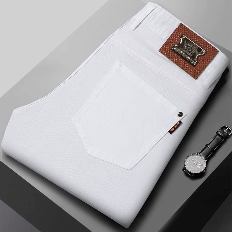 High-End European-Style White Jeans for Men, Simple and Versatile, Spring/Summer Thin Slim-Fit Straight-Leg Stretch Cropped Pants
