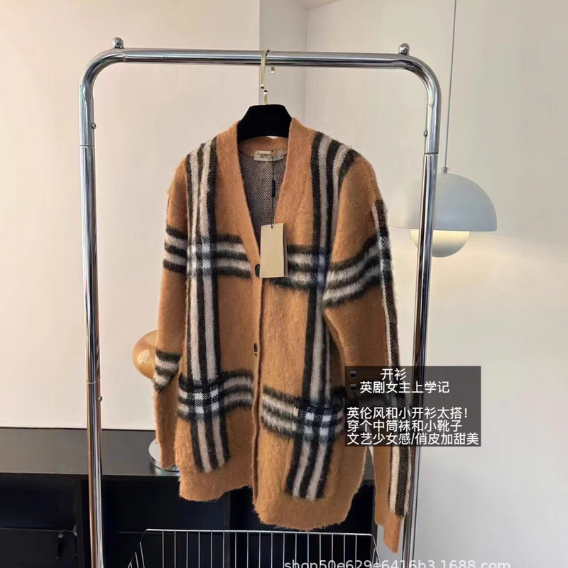 Vintage Plaid Mohair Sweater Cardigan for Women, Mid-Length Knitted Cardigan for Autumn and Winter