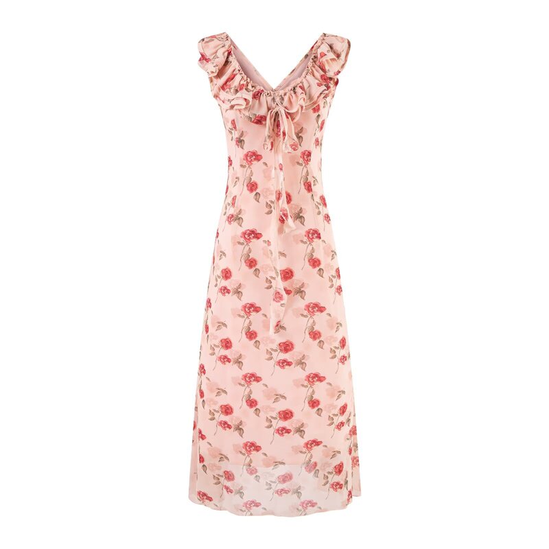 French Resort Style Double V Neck Ruffled Vest Dress Chiffon Printed Long Skirt Fishtail Skirt Umbrella Skirt