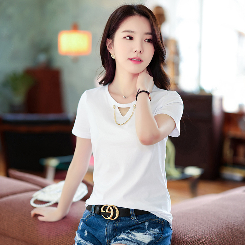 Hollow-Out Round Neck Chain Design, Super Popular on Instagram, Niche Style, 2026 Spring/Summer New Short-Sleeve T-Shirt for Women, Korean Version, Slim Fit 7317
