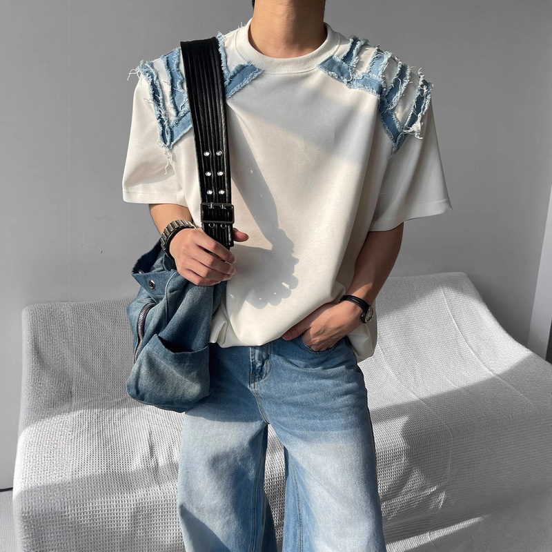 Summer Niche Shoulder Denim Design Men's Loose Short-Sleeved T-Shirt Trendy American Style Handsome High-End T-Shirt