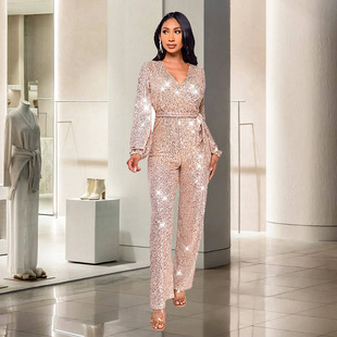 Cross-Border Ins Style Deep V Fashion Casual Jumpsuit Ebay European and American Long-Sleeved Belt Sequined Jumpsuit Women's Wholesale